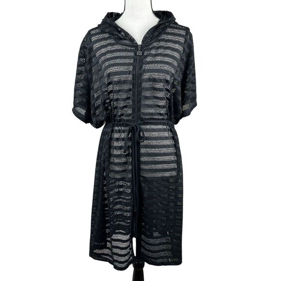 Catherines Women's Swimsuit Cover Up 2X Black Sheer Full Zip Hooded Short Sleeve - Picture 1 of 10
